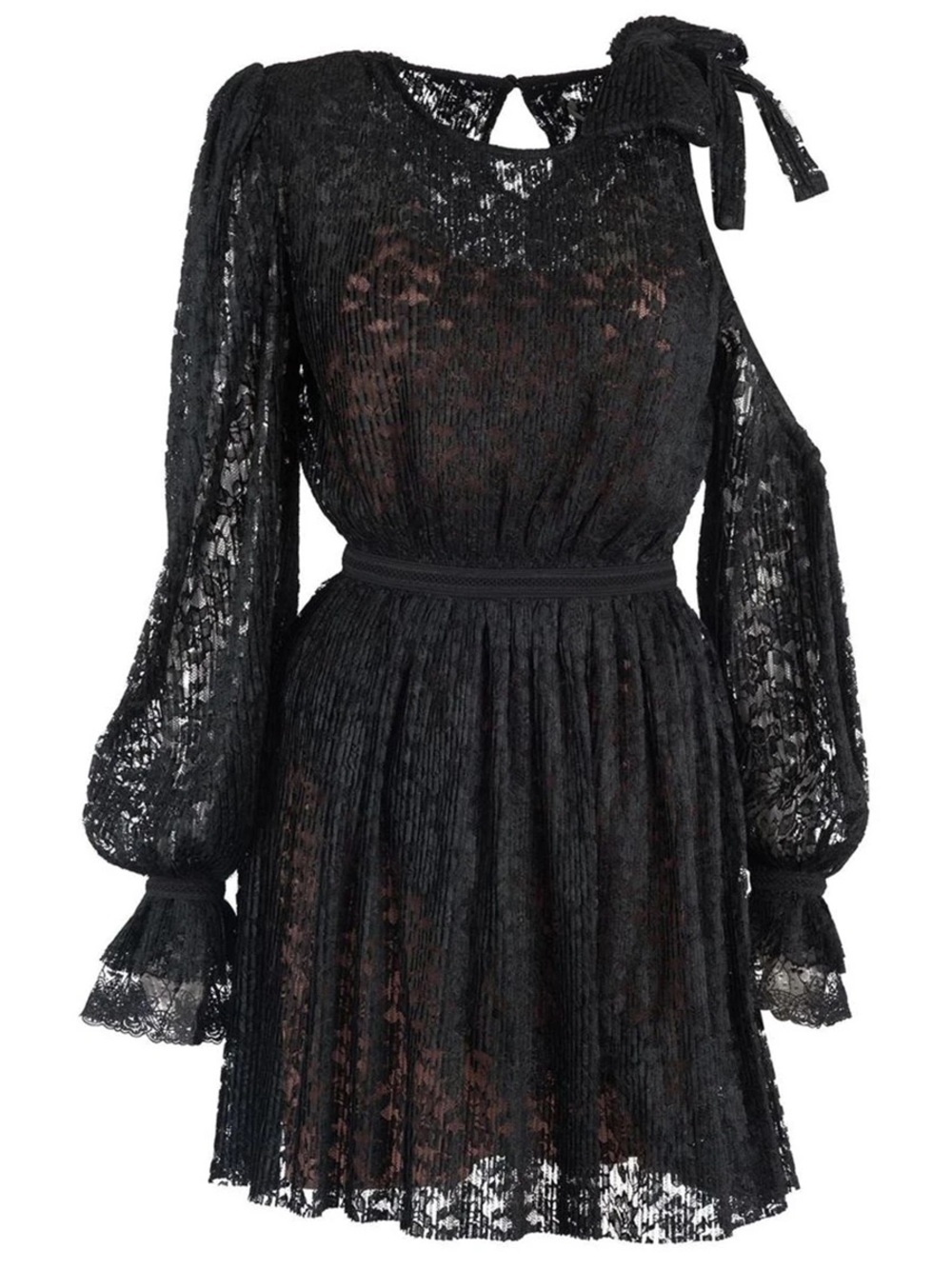 Three Floor Revolve Pleated Black Lace One Cold Shoulder Mini Dress LBD